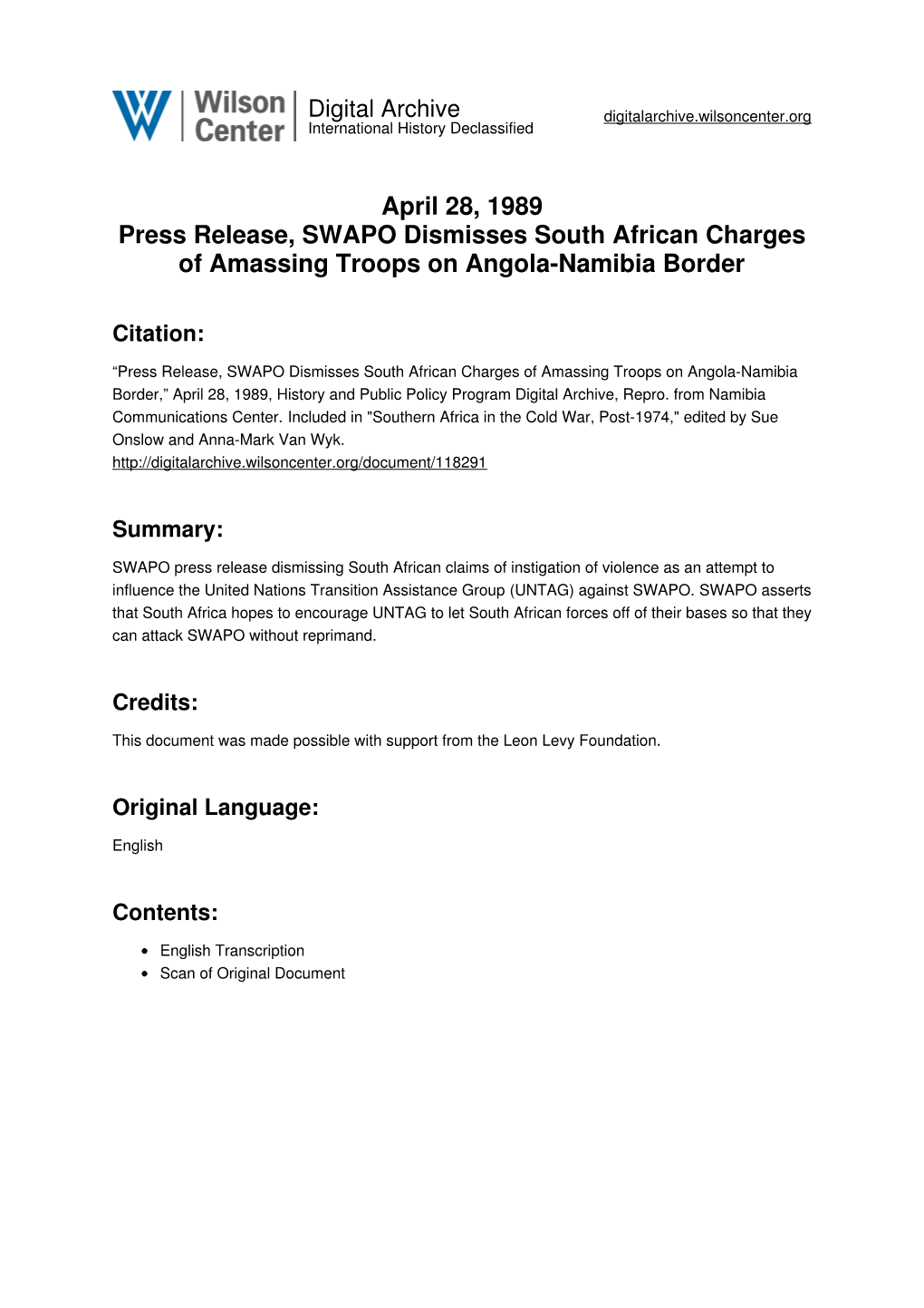 April 28, 1989 Press Release, SWAPO Dismisses South African Charges of Amassing Troops on Angola-Namibia Border