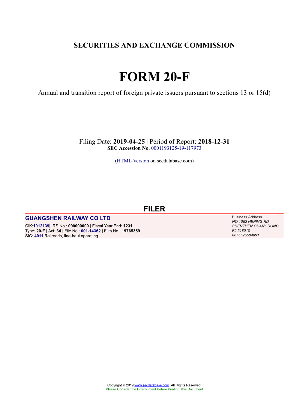 GUANGSHEN RAILWAY CO LTD Form 20-F Filed 2019-04-25