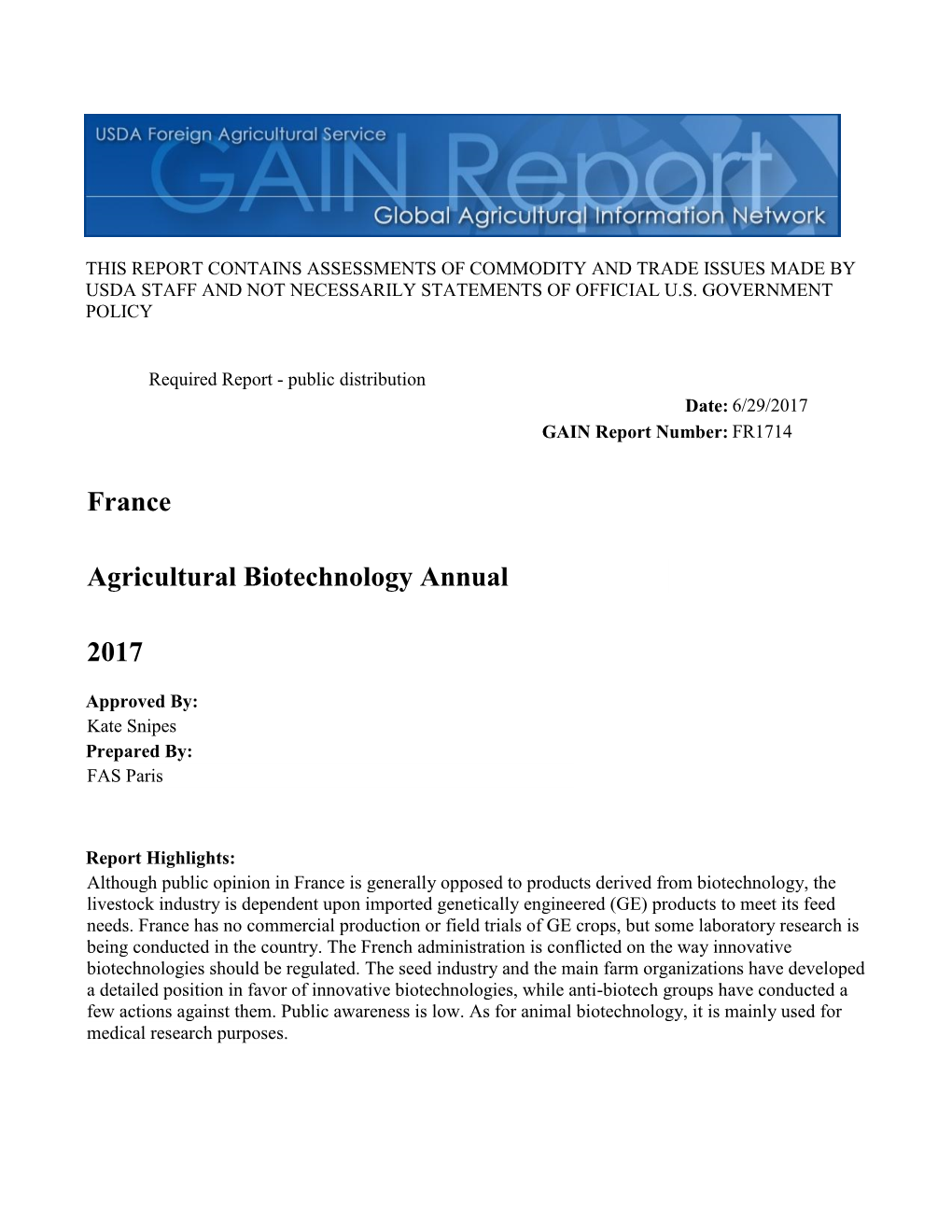 2017 Agricultural Biotechnology Annual France