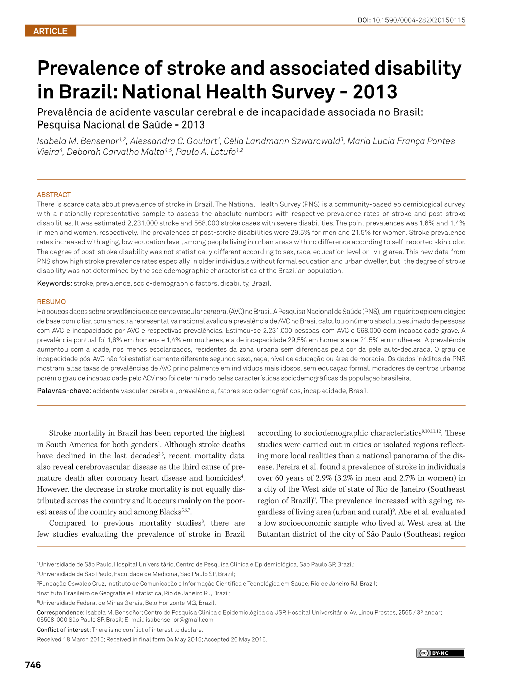 Prevalence of Stroke and Associated Disability in Brazil