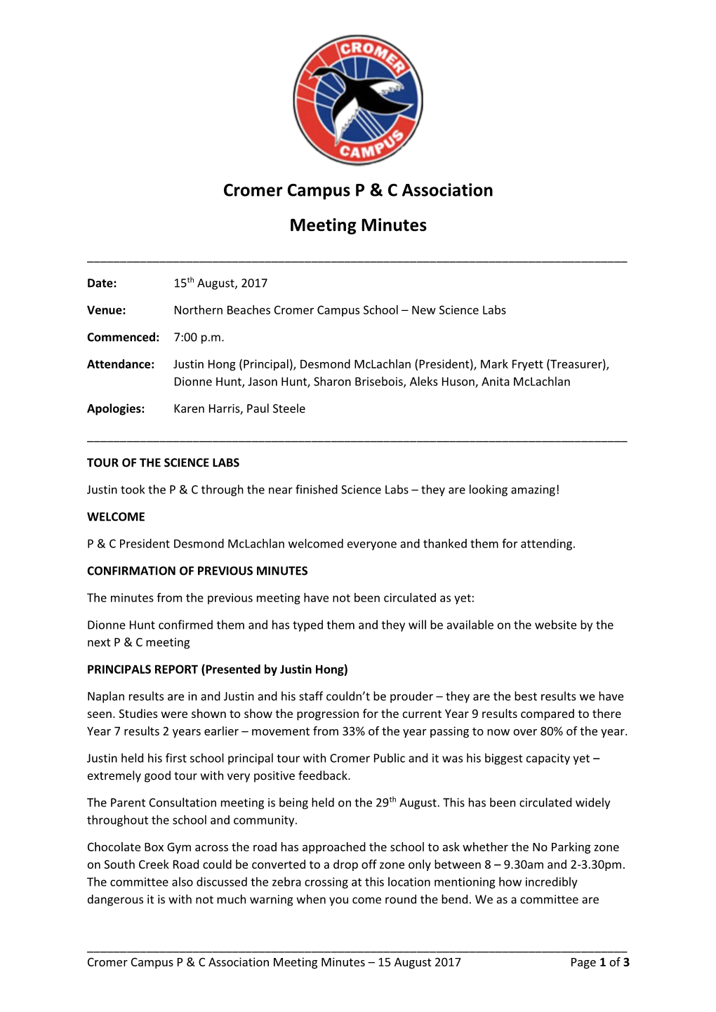 Cromer Campus P & C Association Meeting Minutes
