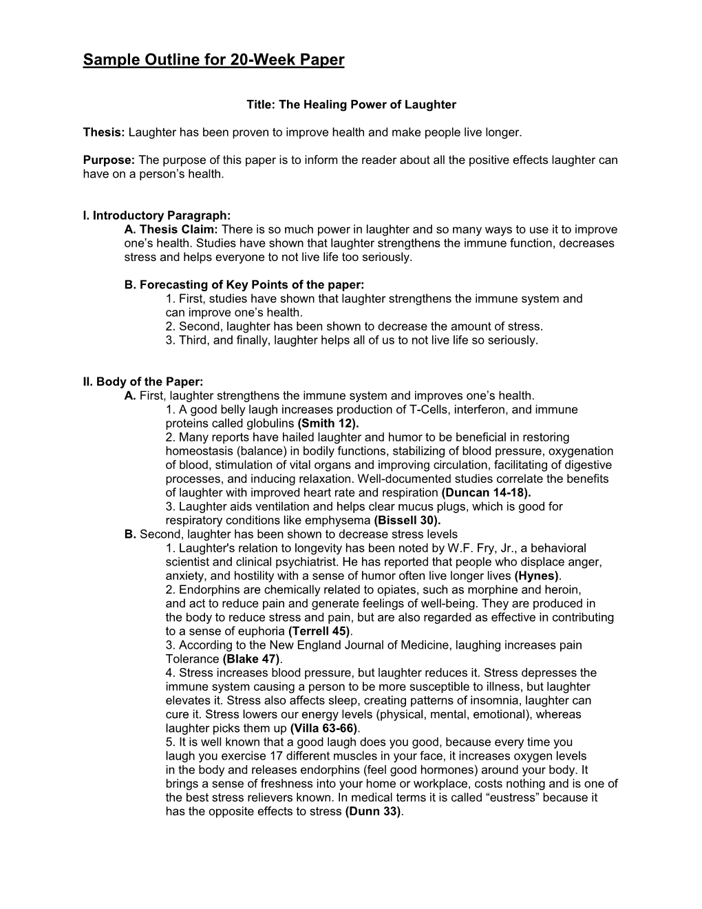 Sample Outline for 20-Week Paper