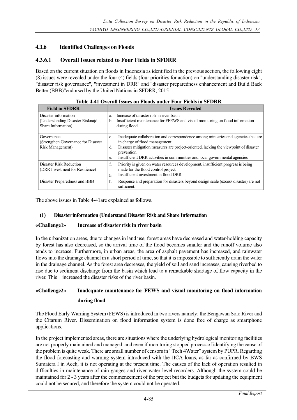 Identified Challenges on Floods Overall Issues Related to Four Fields