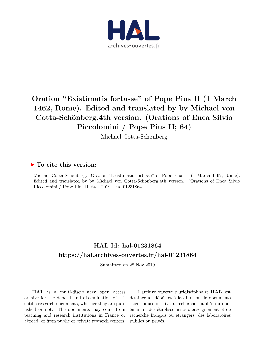 Oration ``Existimatis Fortasse'' of Pope Pius II (1 March 1462, Rome