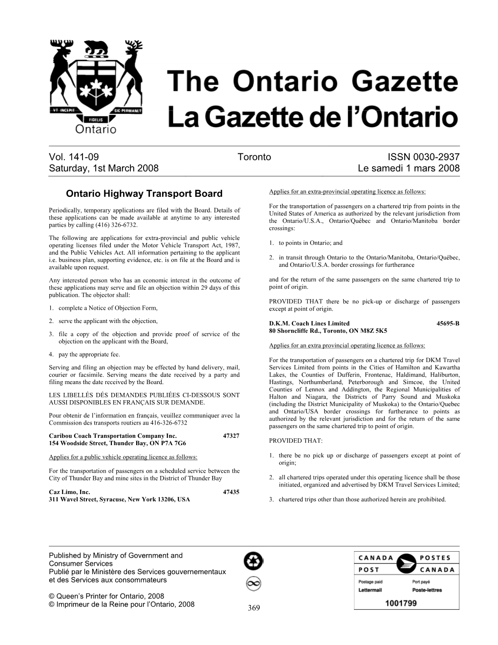 Ontario Gazette Volume 141 Issue 9, La Gazette De L'ontario Volume 141