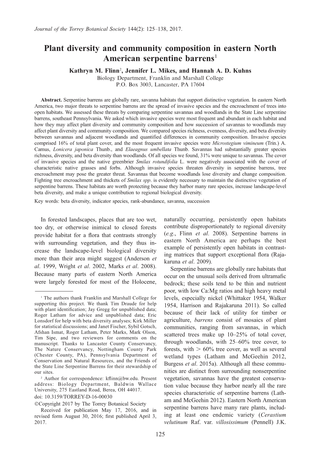 Plant Diversity and Community Composition in Eastern North American Serpentine Barrens1 Kathryn M