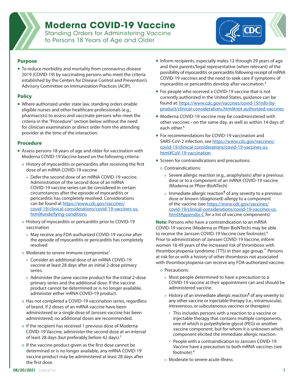 Moderna COVID-19 Vaccine Standing Orders for Administering Vaccine to Persons 18 Years of Age and Older