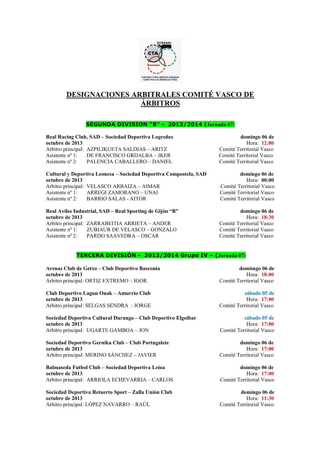 Designaciones Arbitrales Comité Vasco De Árbitros