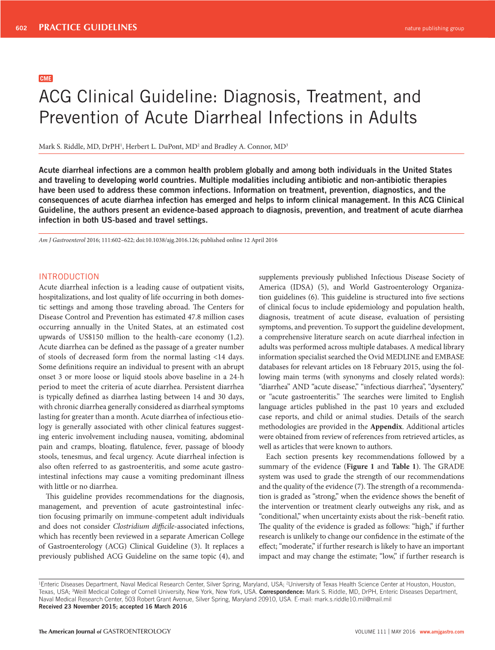 ACG Clinical Guideline: Diagnosis, Treatment, and Prevention of Acute Diarrheal Infections in Adults