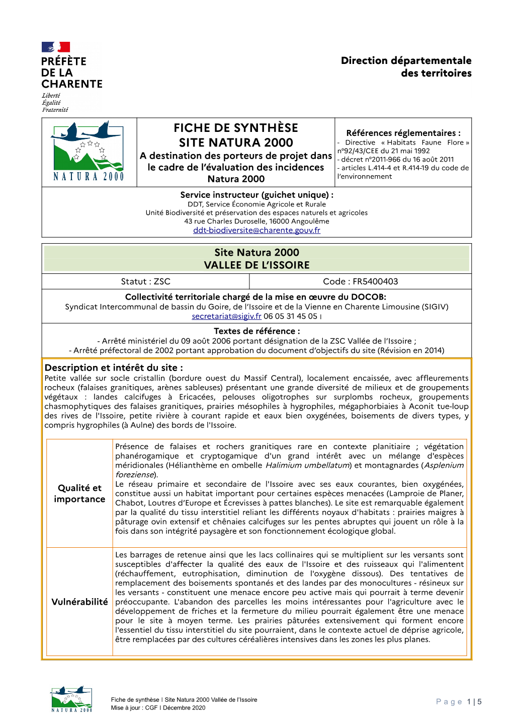 Fiche De Synthèse Site Natura 2000