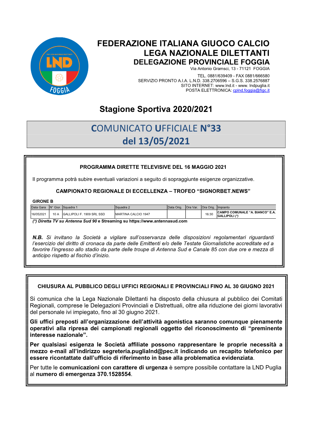 COMUNICATO UFFICIALE N°33 Del 13/05/2021