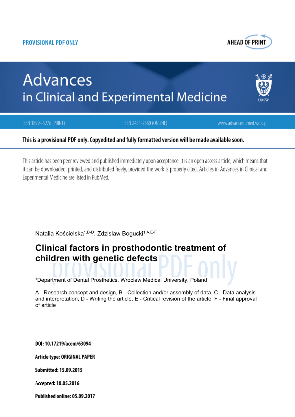 Clinical Factors in Prosthodontic Treatment of Children with Genetic Defects