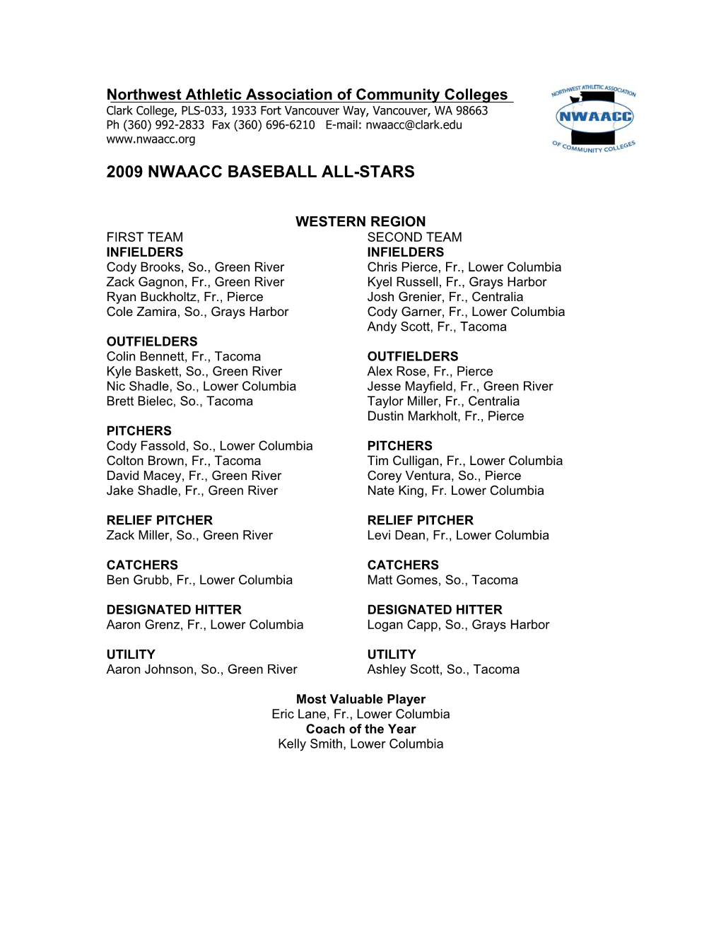 2009 Nwaacc Baseball All-Stars