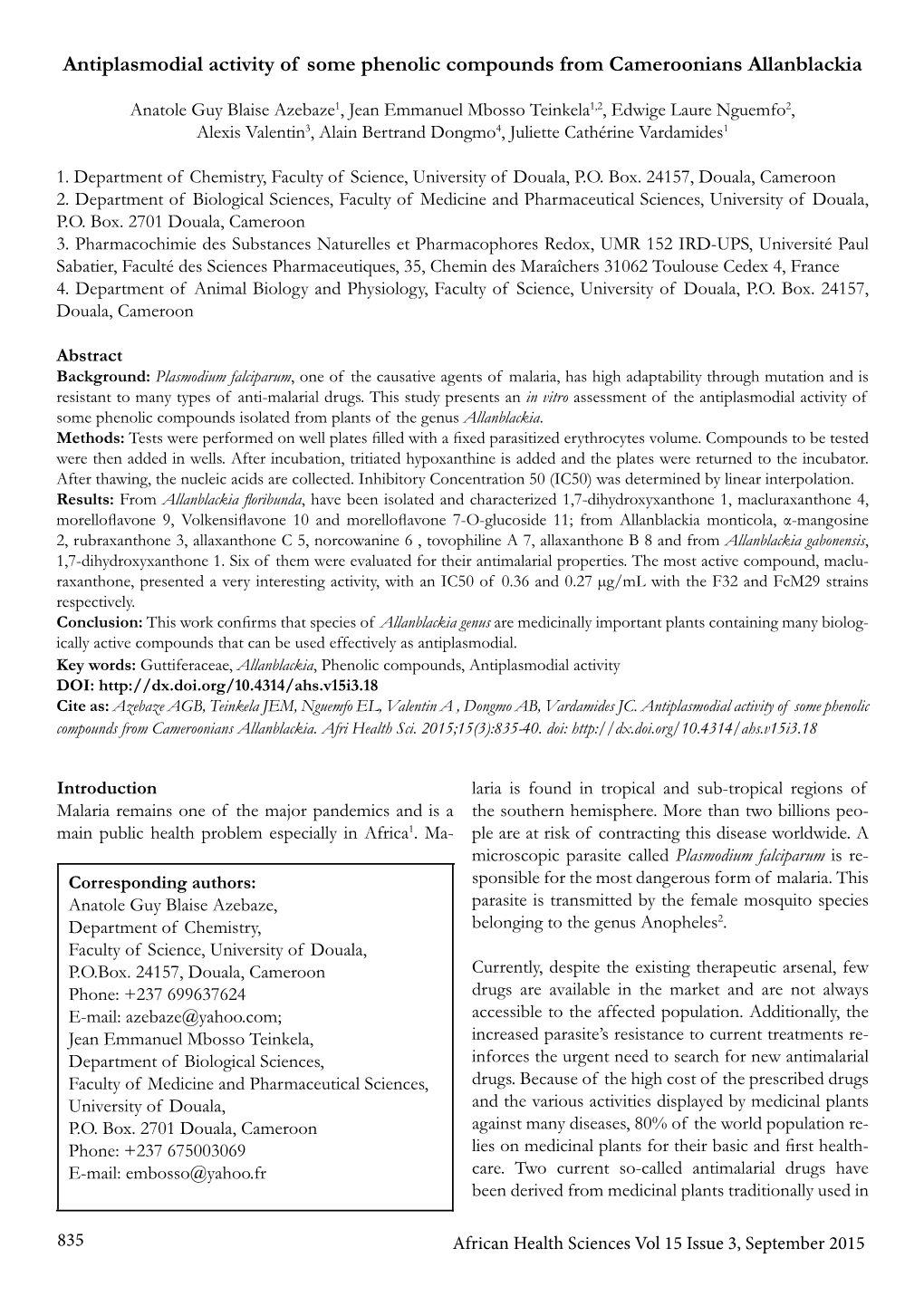 Antiplasmodial Activity of Some Phenolic Compounds from Cameroonians Allanblackia