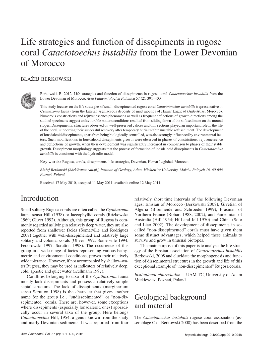 Life Strategies and Function of Dissepiments in Rugose Coral Catactotoechus Instabilis from the Lower Devonian of Morocco