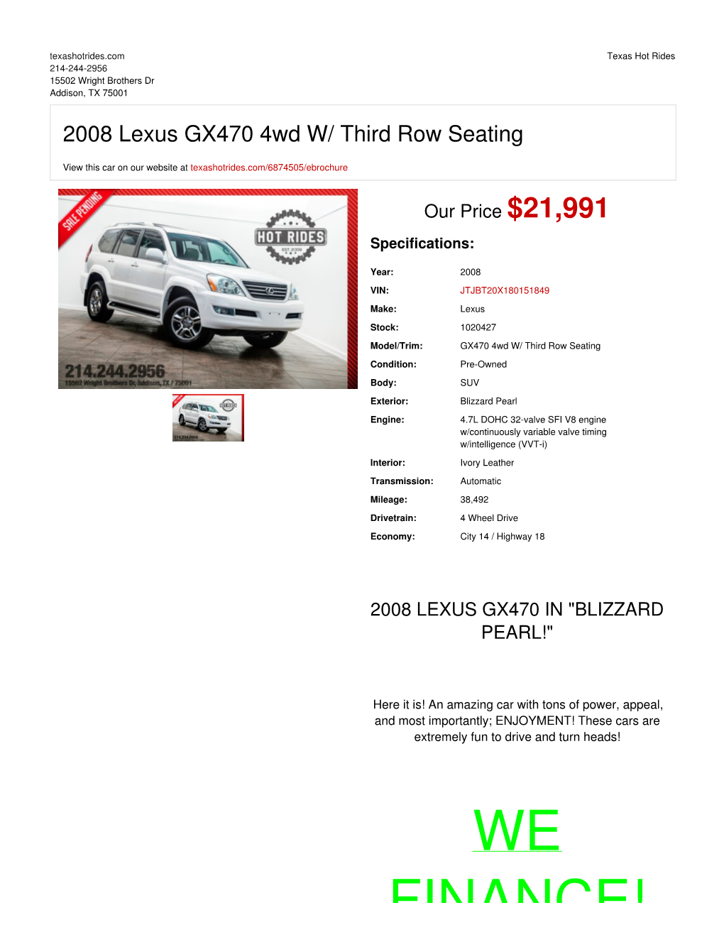 2008 Lexus GX470 4Wd W/ Third Row Seating | Addison, TX | Texas