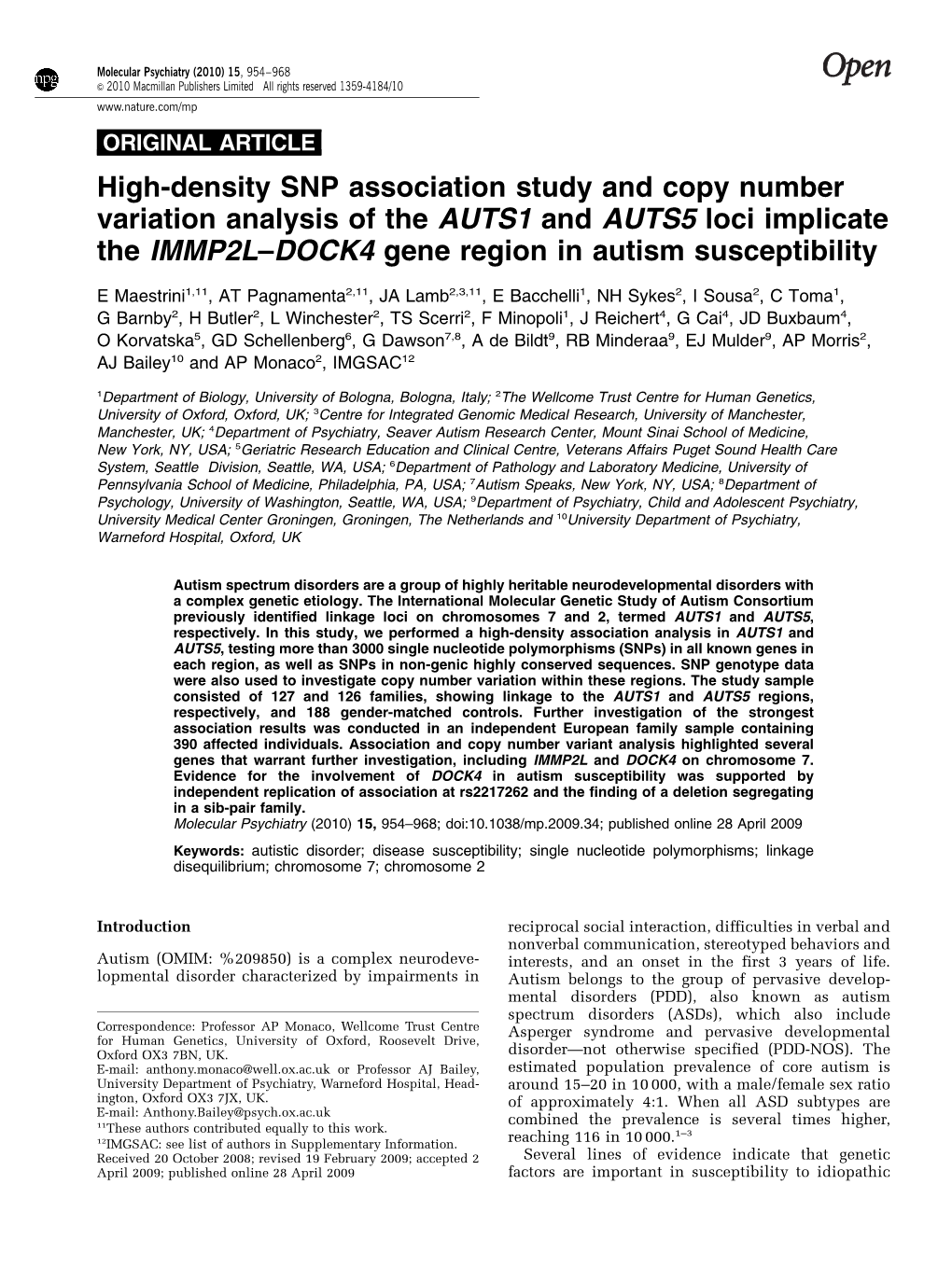 High-Density SNP Association Study and Copy Number Variation Analysis of the AUTS1 and AUTS5 Loci Implicate the IMMP2L–DOCK4 Gene Region in Autism Susceptibility