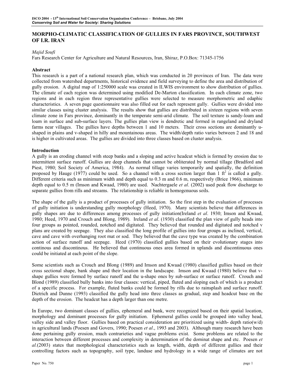 Morpho-Climatic Classification of Gullies in Fars Province, Southwest of I.R