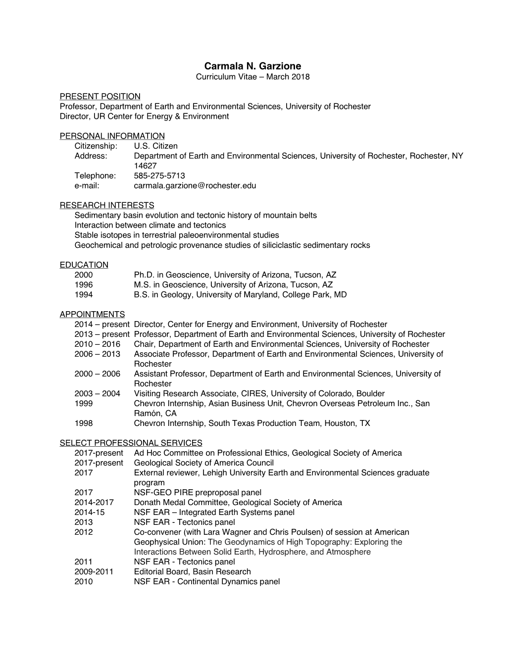 Carmala N. Garzione Curriculum Vitae – March 2018