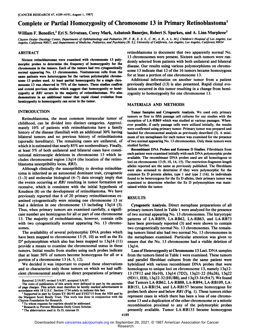 Complete Or Partial Homozygosity of Chromosome 13 in Primary Retinobiastoma'