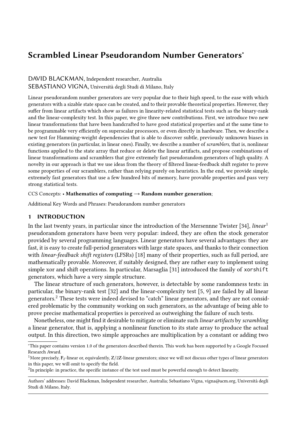 Scrambled Linear Pseudorandom Number Generators∗