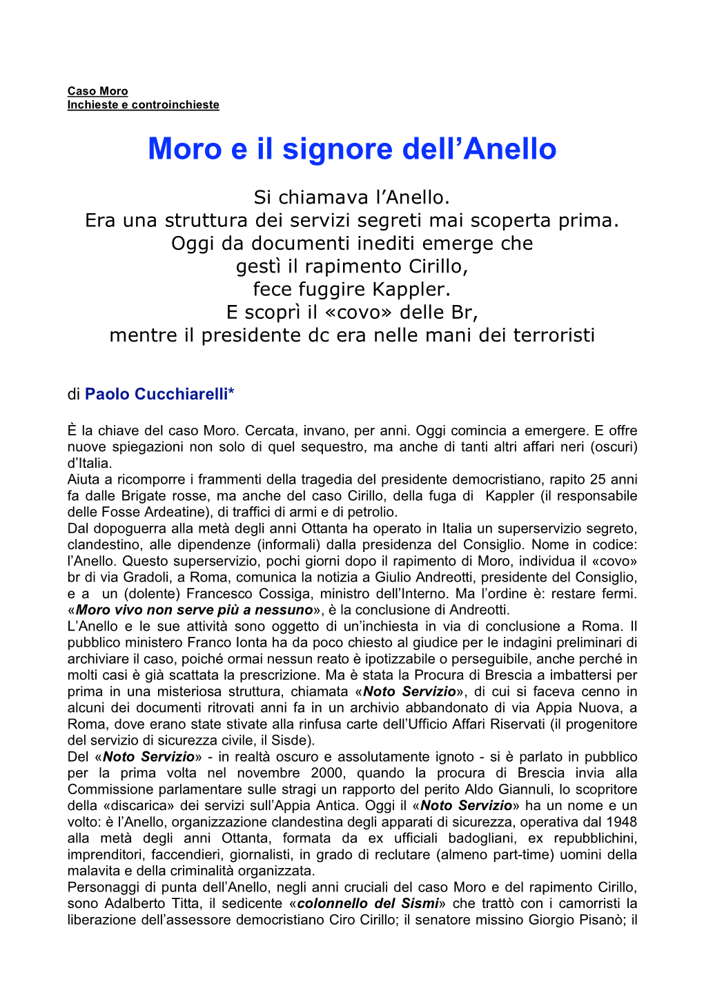 MORO E IL SIGNORE DELL'anello Di Paolo Cucchiarelli