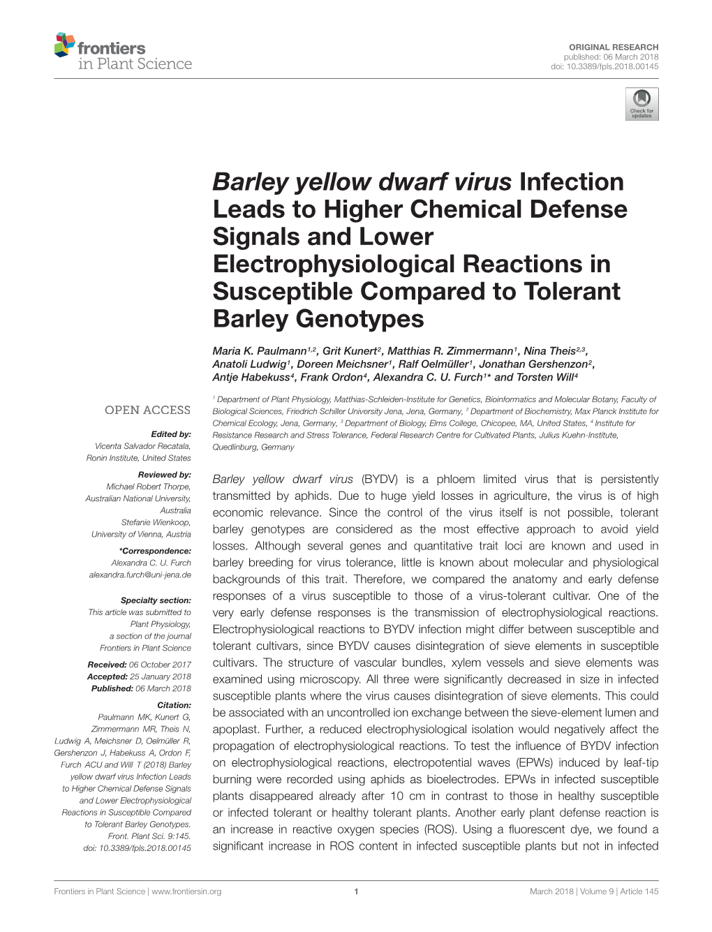 Barley Yellow Dwarf Virus Infection Leads to Higher Chemical Defense