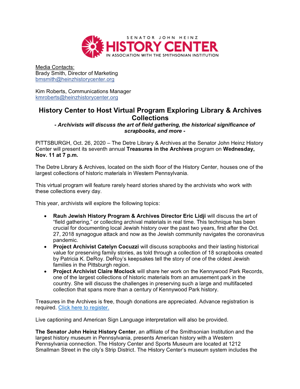 History Center to Host Virtual Program Exploring Library & Archives Collections