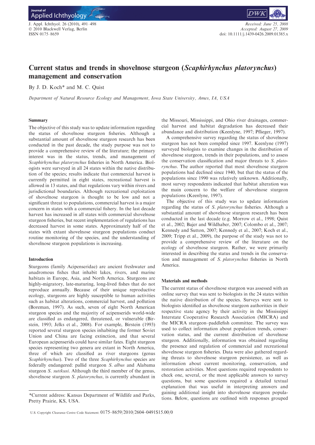 Current Status and Trends in Shovelnose Sturgeon (Scaphirhynchus Platorynchus) Management and Conservation by J