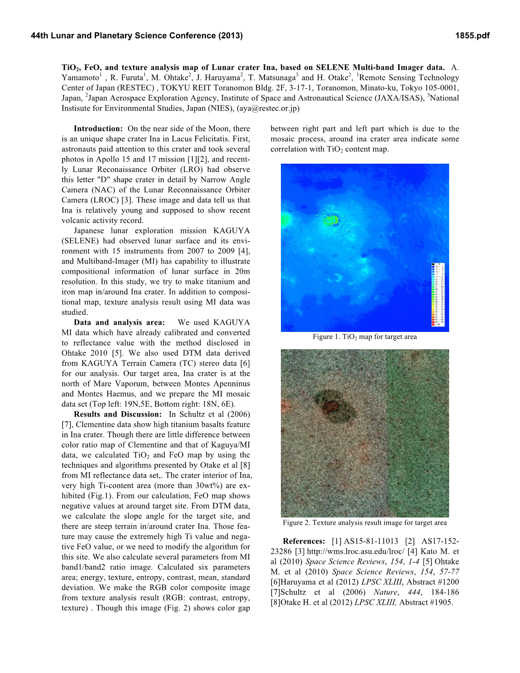 Tio2, Feo, and Texture Analysis Map of Lunar Crater Ina, Based on SELENE Multi-Band Imager Data