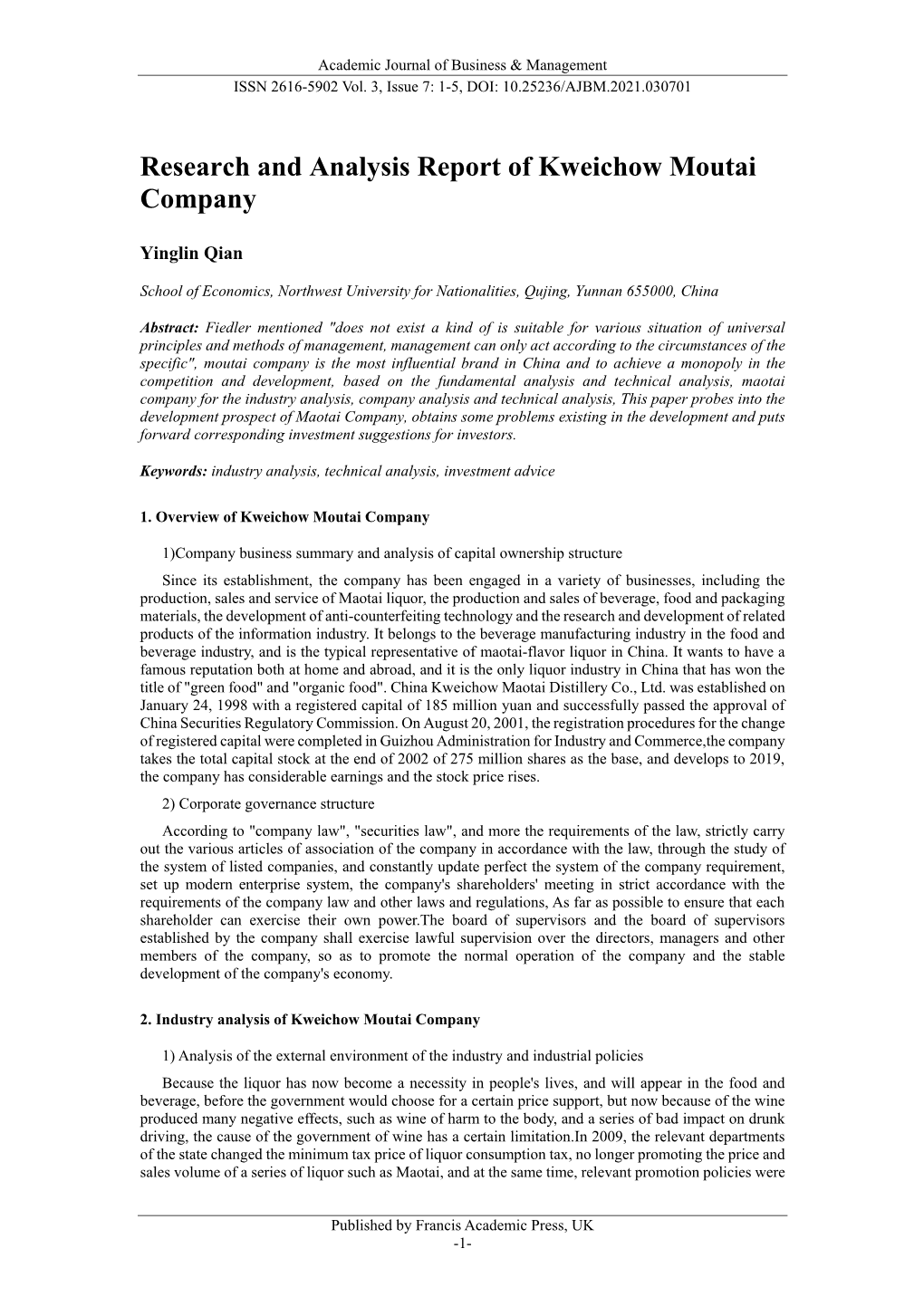 Research and Analysis Report of Kweichow Moutai Company