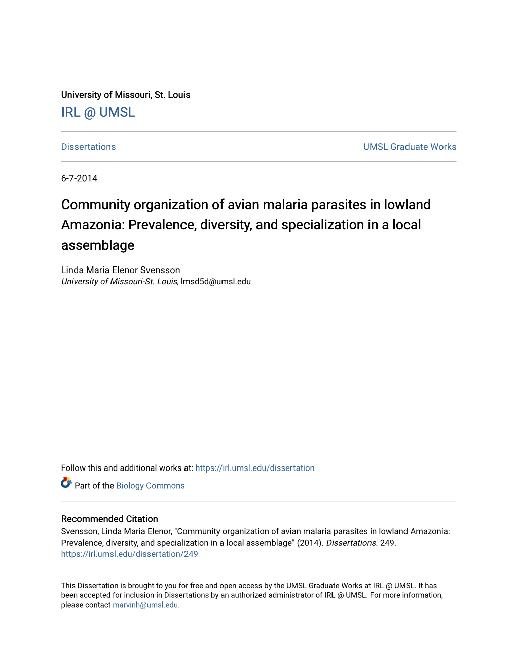 Community Organization of Avian Malaria Parasites in Lowland Amazonia: Prevalence, Diversity, and Specialization in a Local Assemblage