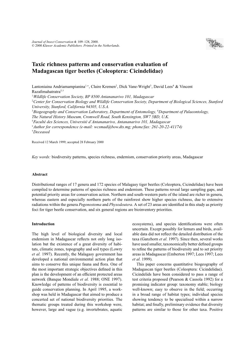 Taxic Richness Patterns and Conservation Evaluation of Madagascan Tiger Beetles (Coleoptera: Cicindelidae)