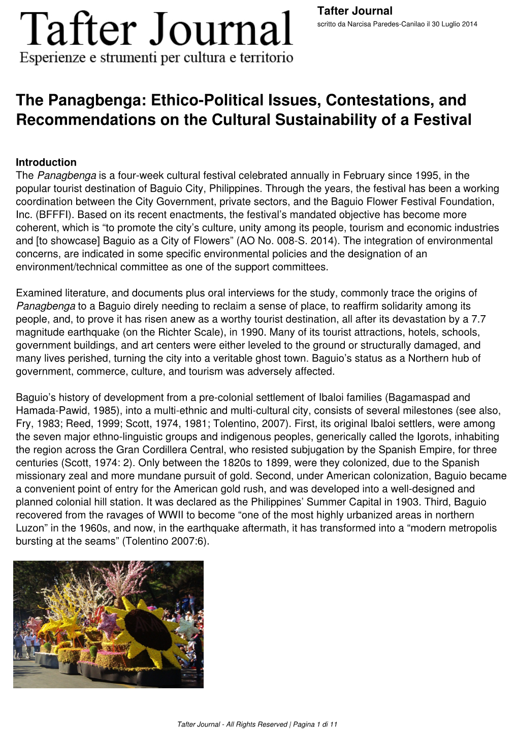 The Panagbenga: Ethico-Political Issues, Contestations, and Recommendations on the Cultural Sustainability of a Festival