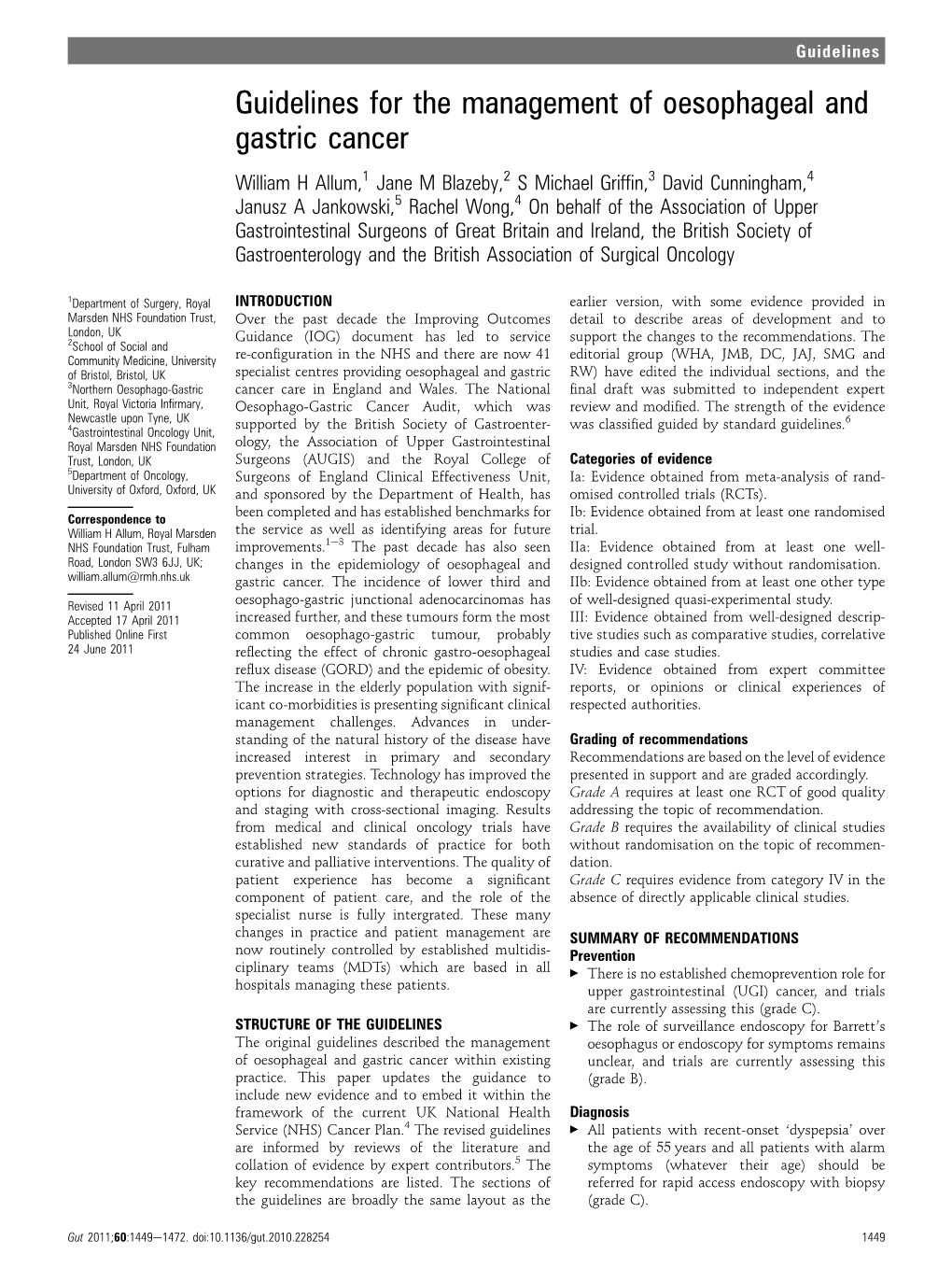 Guidelines for the Management of Oesophageal and Gastric Cancer