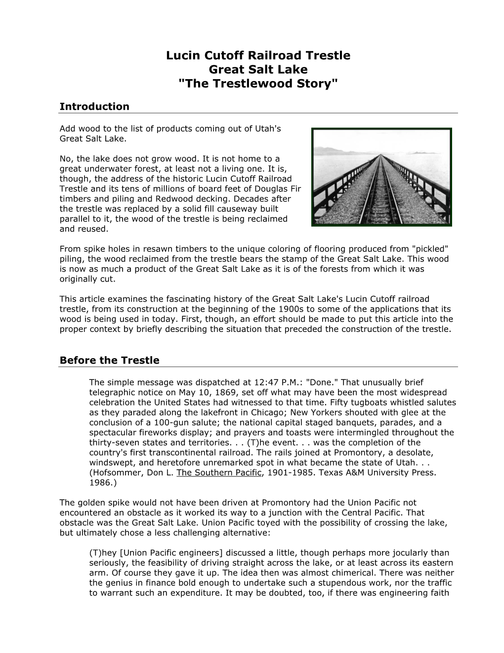 Lucin Cutoff Railroad Trestle Great Salt Lake "The Trestlewood Story"