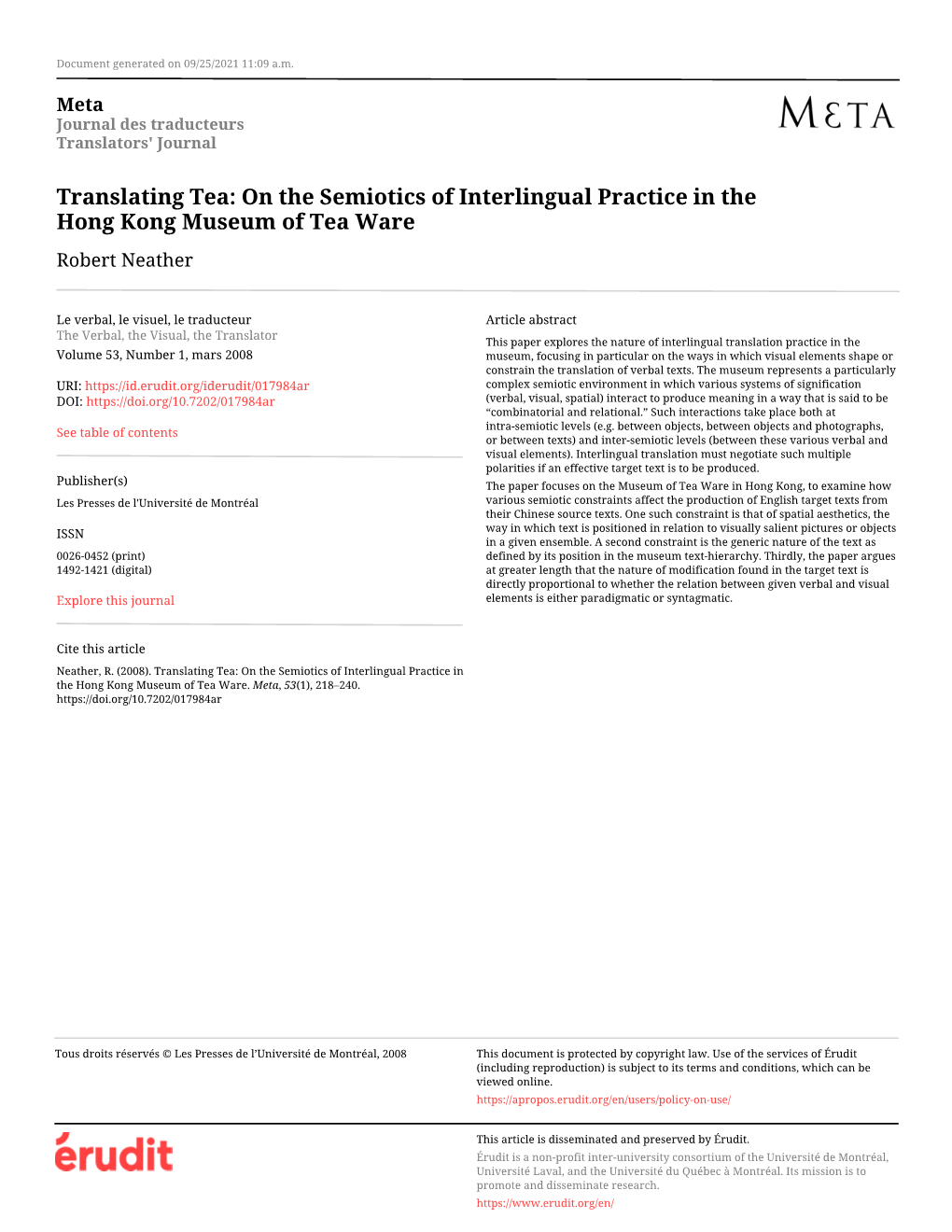 Translating Tea: on the Semiotics of Interlingual Practice in the Hong Kong Museum of Tea Ware Robert Neather