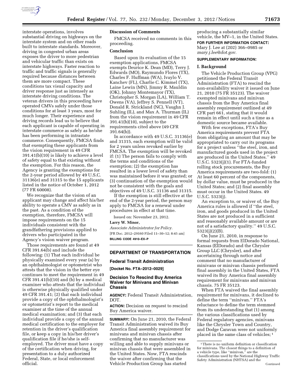 Federal Register/Vol. 77, No. 232/Monday, December 3, 2012