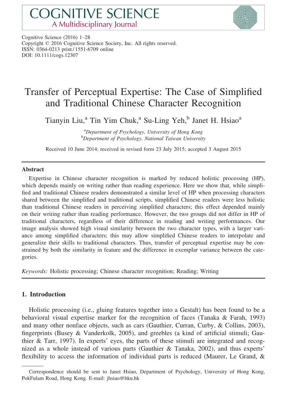 Transfer of Perceptual Expertise: the Case of Simplified and Traditional Chinese Character Recognition