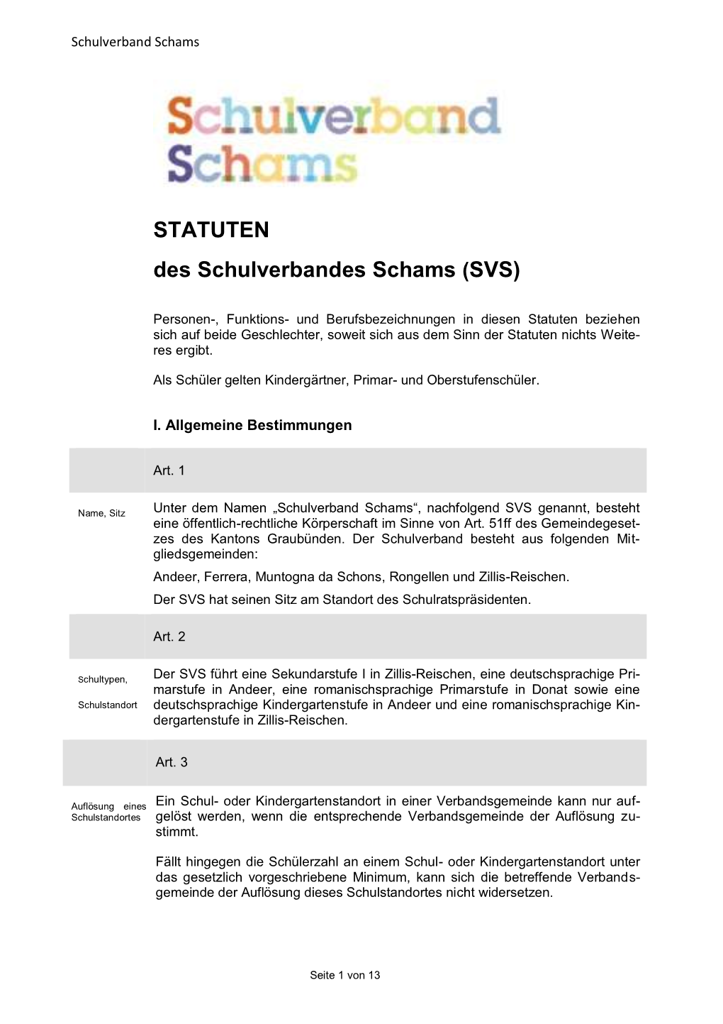 STATUTEN Des Schulverbandes Schams (SVS)