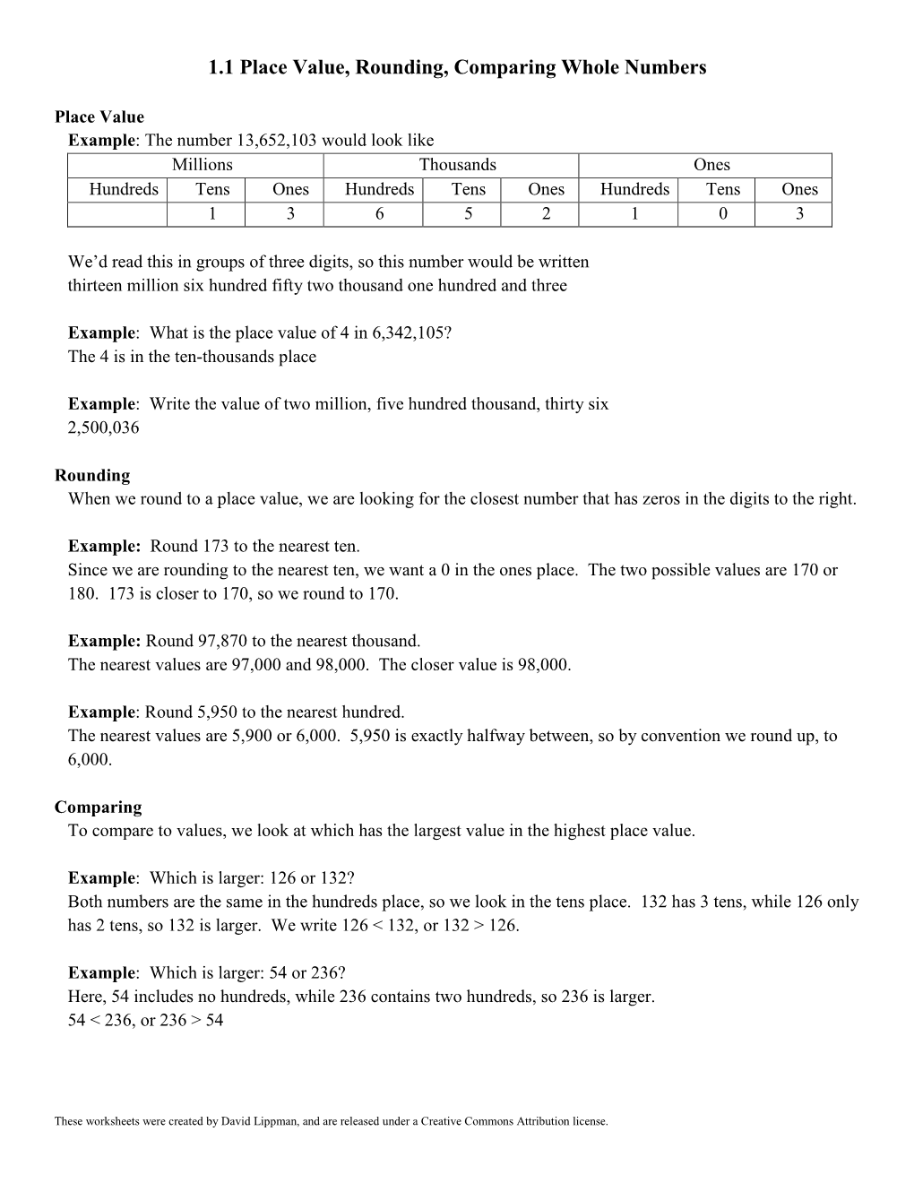 1.1 Place Value, Rounding, Comparing Whole Numbers
