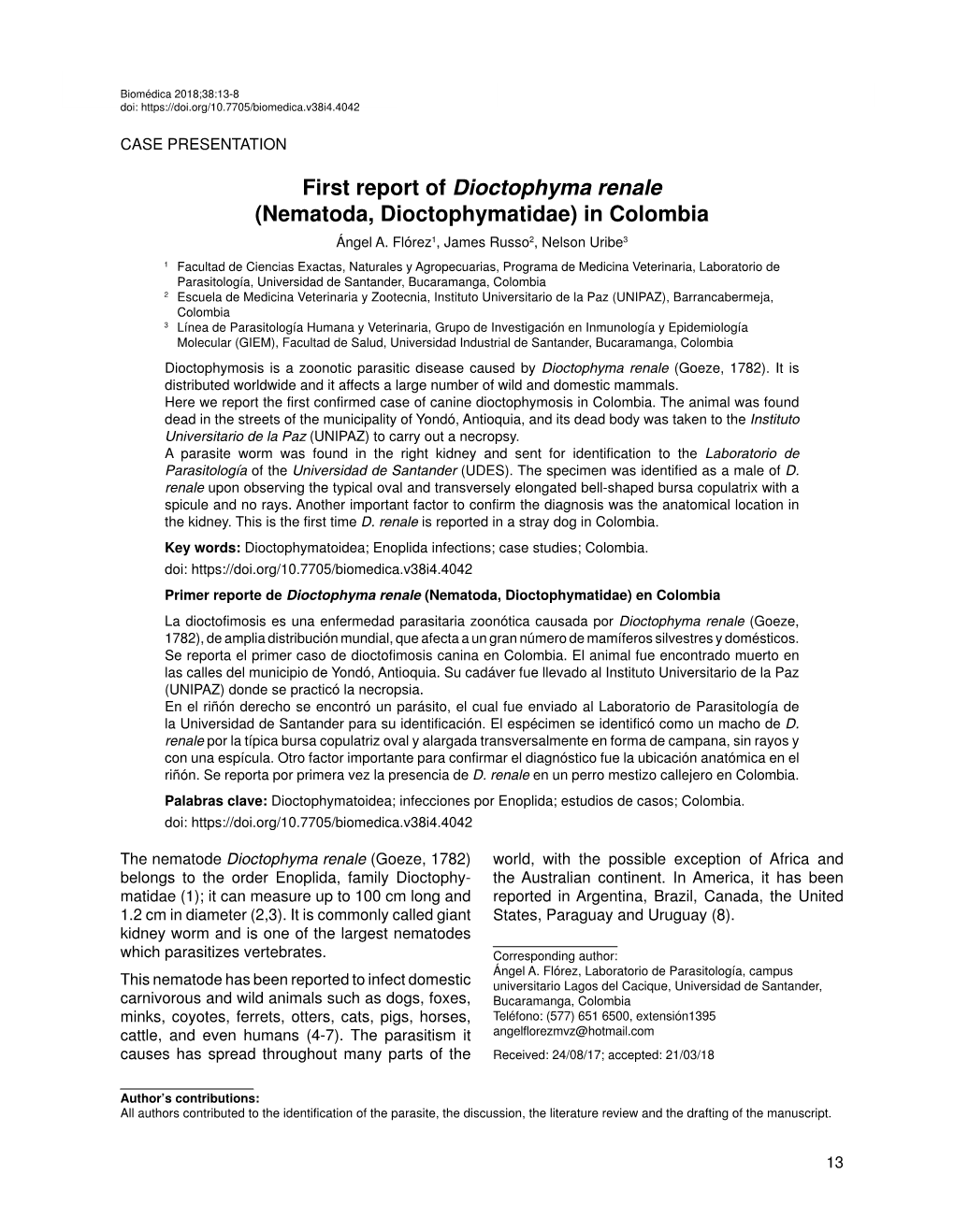 First Report of Dioctophyma Renale in Colombia Doi
