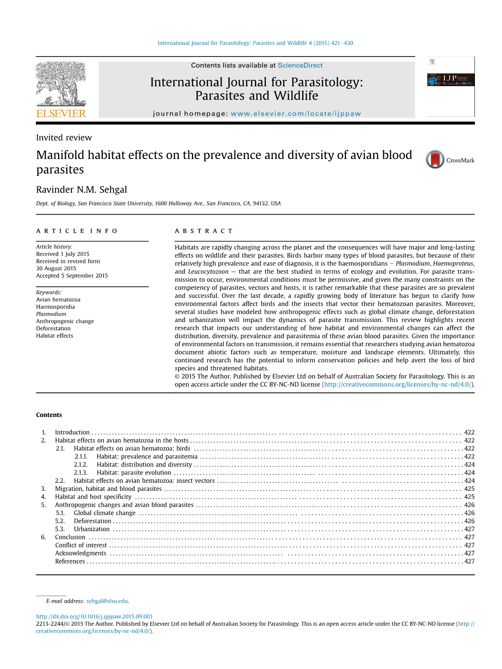 Manifold Habitat Effects on the Prevalence and Diversity of Avian Blood Parasites