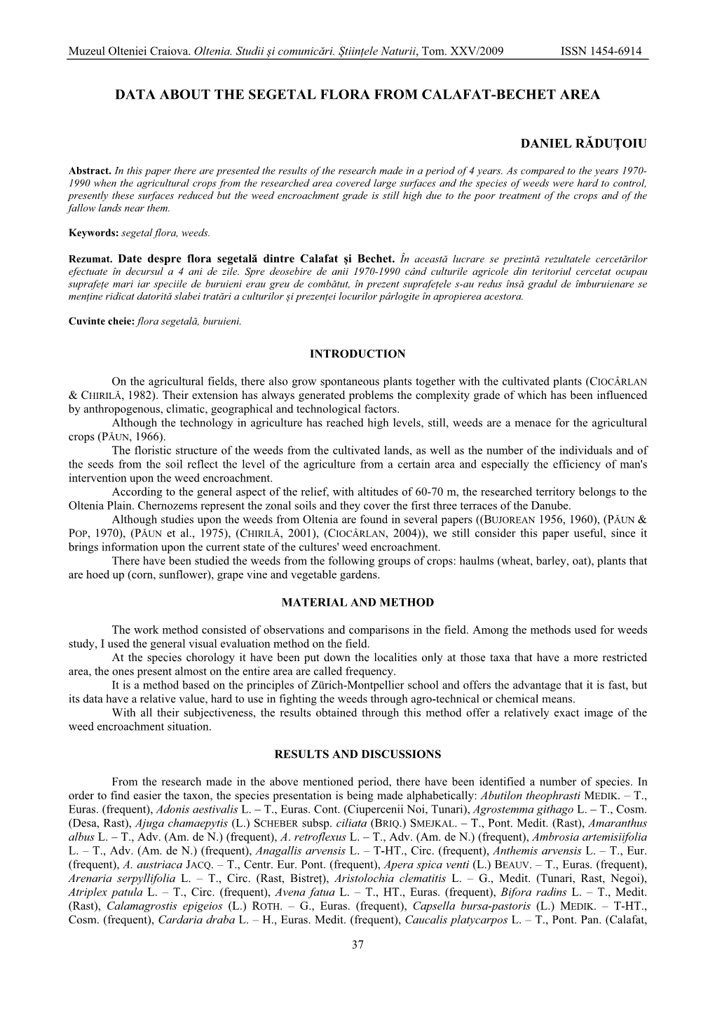 Data About the Segetal Flora from Calafat-Bechet Area