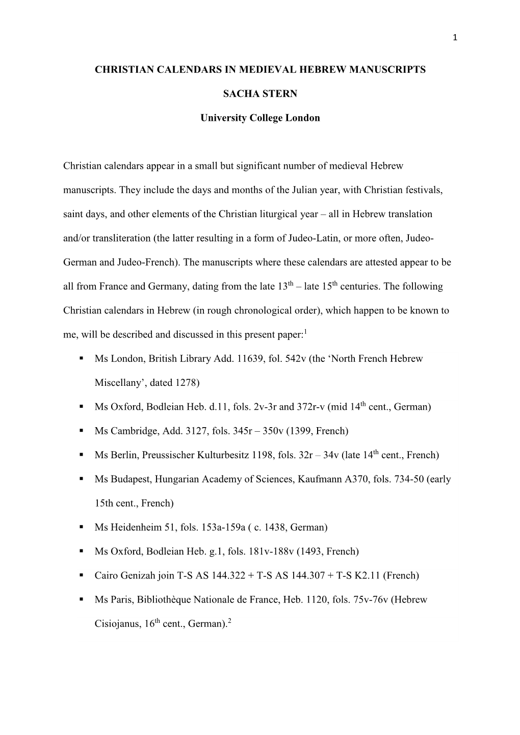 Christian Calendars in Medieval Hebrew Manuscripts