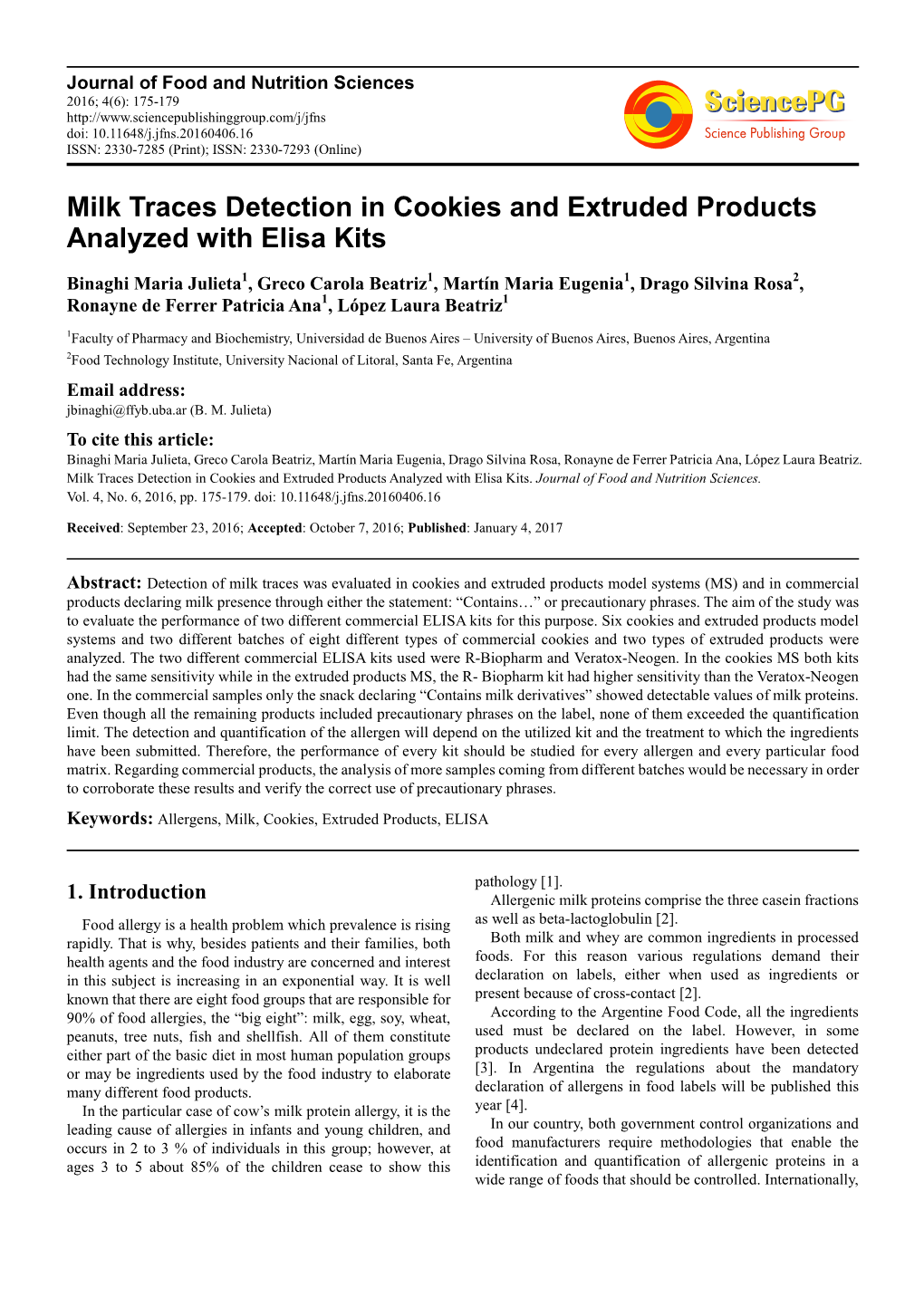 Milk Traces Detection in Cookies and Extruded Products Analyzed with Elisa Kits