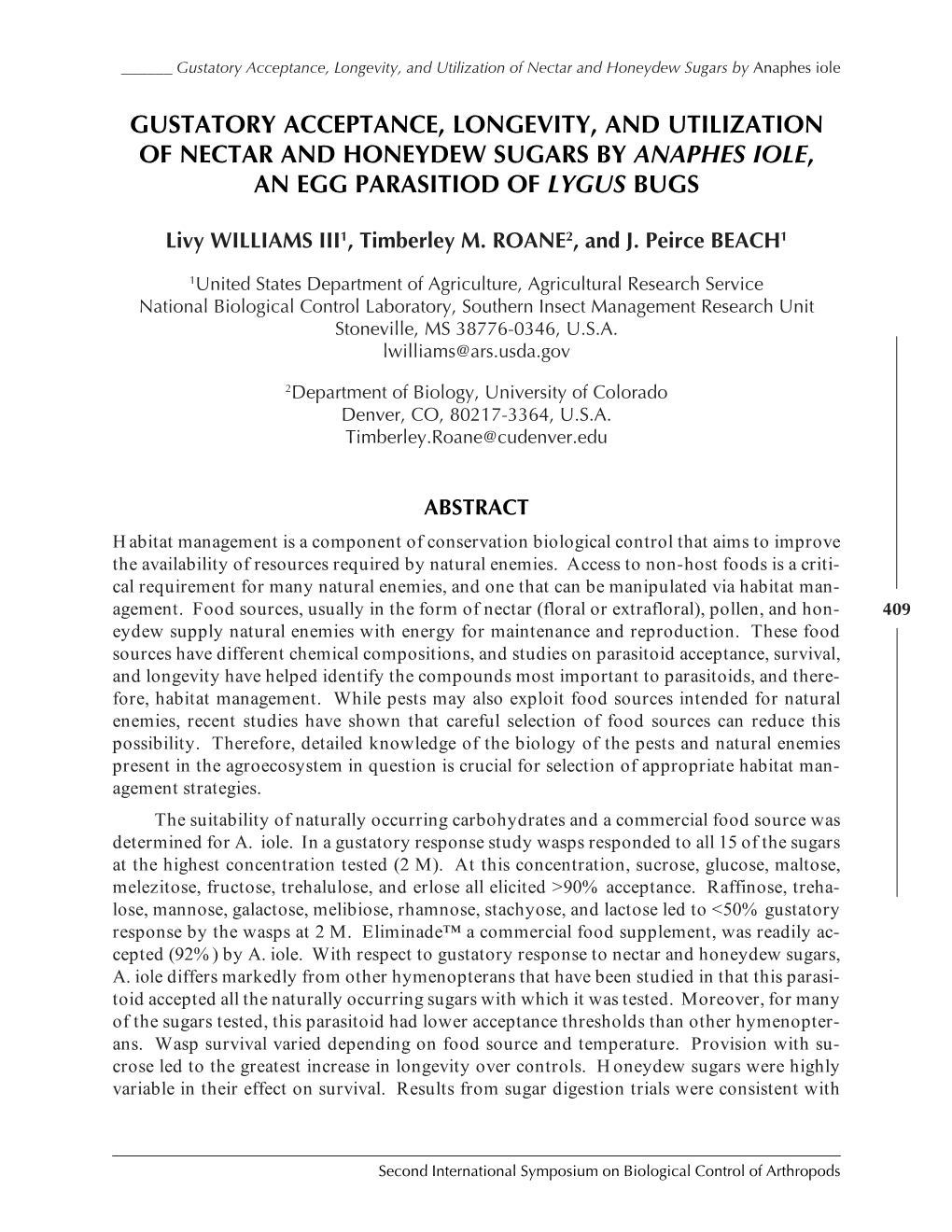 Gustatory Acceptance, Longevity, and Utilization of Nectar and Honeydew Sugars by Anaphes Iole