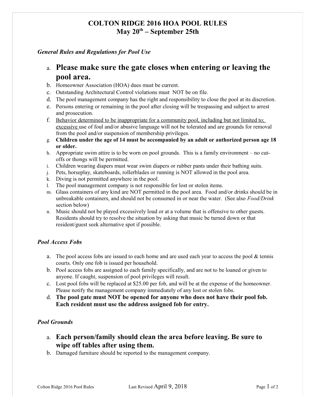 General Rules and Regulations for Pool Use