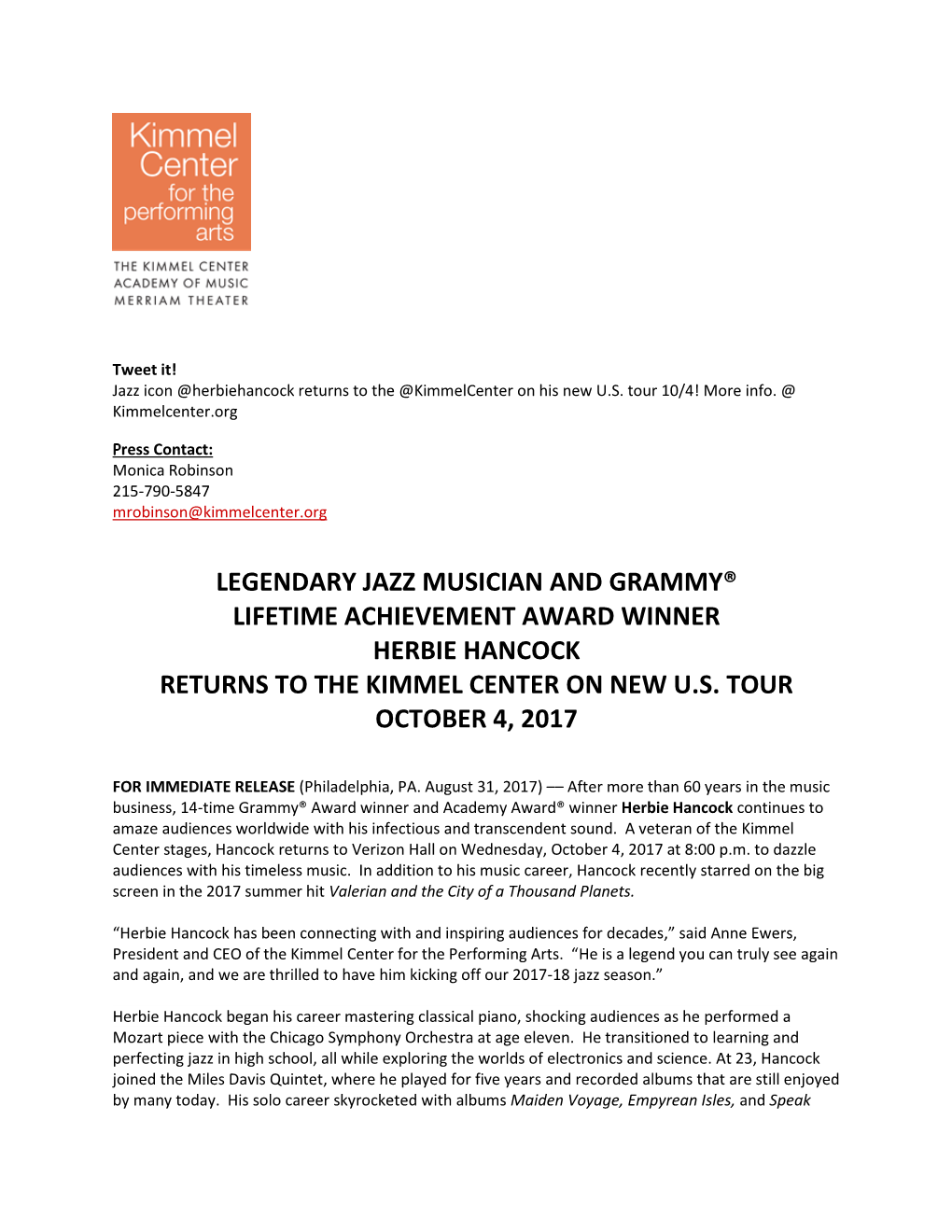 Legendary Jazz Musician and Grammy® Lifetime Achievement Award Winner Herbie Hancock Returns to the Kimmel Center on New U.S