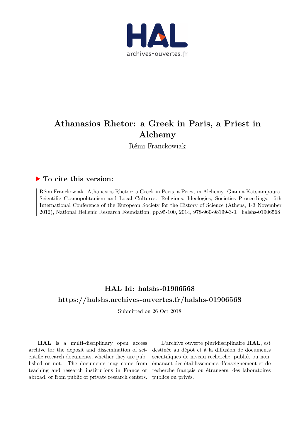 Athanasios Rhetor: a Greek in Paris, a Priest in Alchemy Rémi Franckowiak